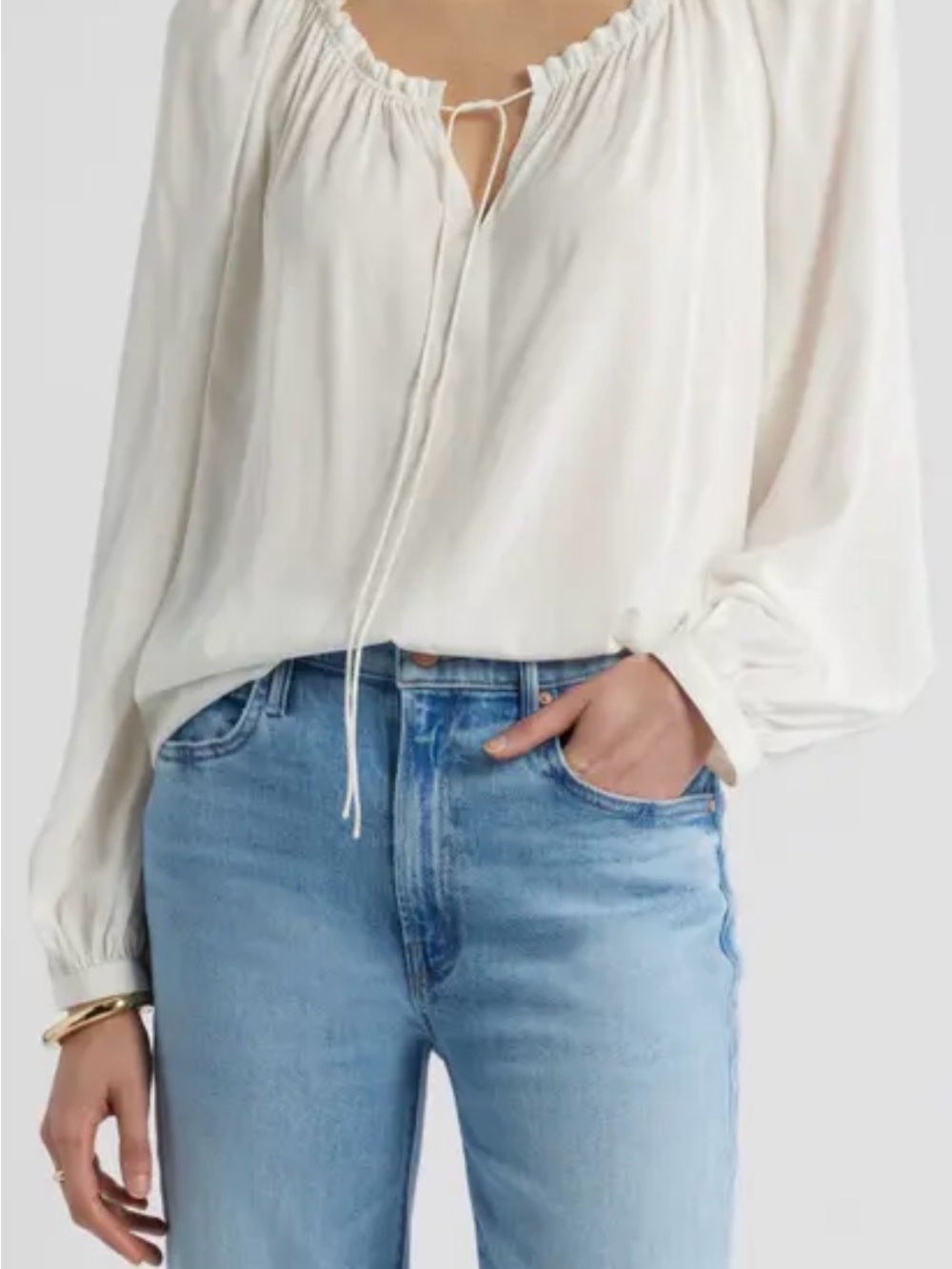 LOFT Cream Peasant Tie-Neck Blouse